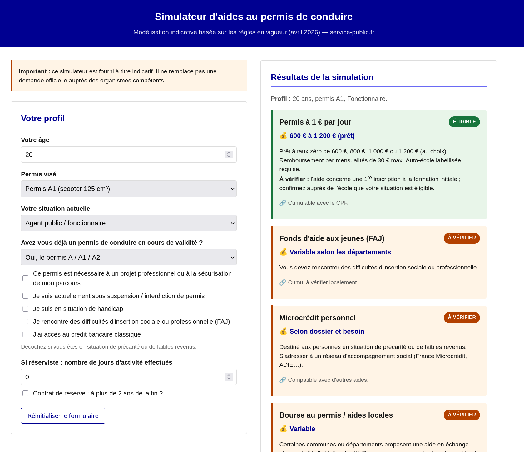 Capture d'écran d'un simulateur généré par IA en quelques secondes. L'interface montre des champs de saisie pour l'âge, la situation, le type de permis, et affiche un résultat d'éligibilité avec un montant d'aide.